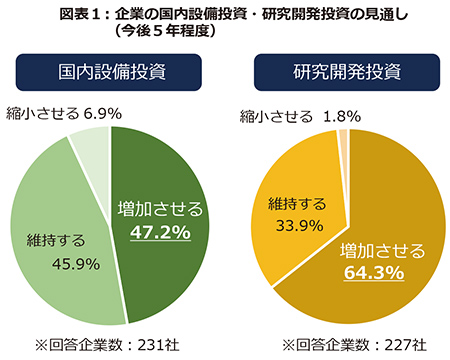 図表1：企業の国内設備投資・研究開発投資の見通し（今後5年程度）